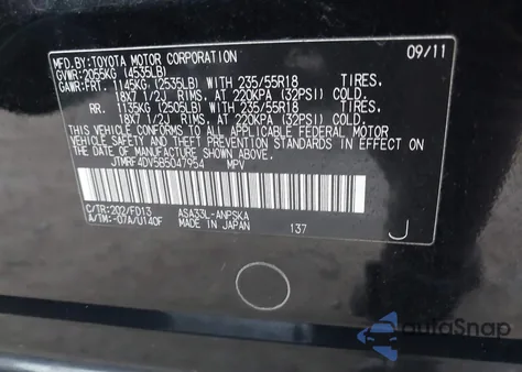 2011 Toyota Rav4 Sport из США, поврежденный, VIN JTMRF4DV5B5047954